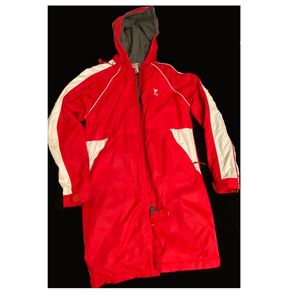 TYR Swim Parka Red White Fleece Lined Hooded Long Coat Full Zip Size Youth Large